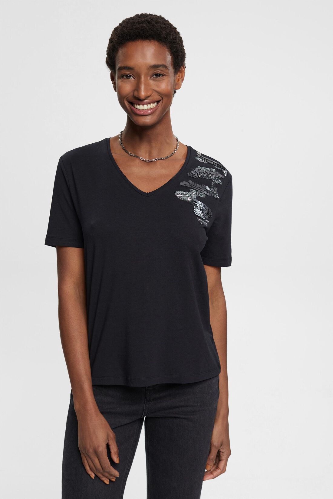 CAMISETA CON CUELLO PICO Y LENTEJUELAS MUJER ESPRIT Korner