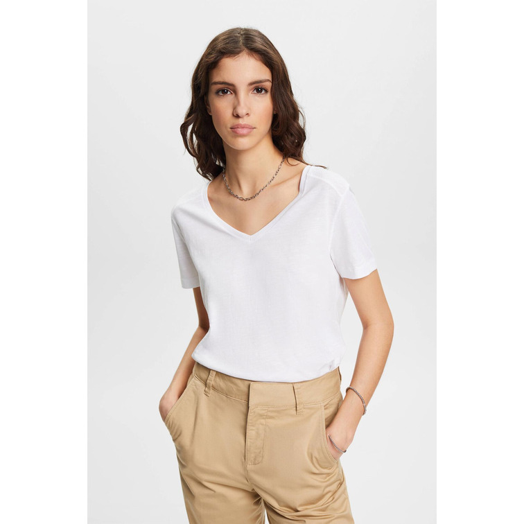 CAMISETA CON CUELLO PICO Y COSTURAS DECORATIVAS MUJER ESPRIT