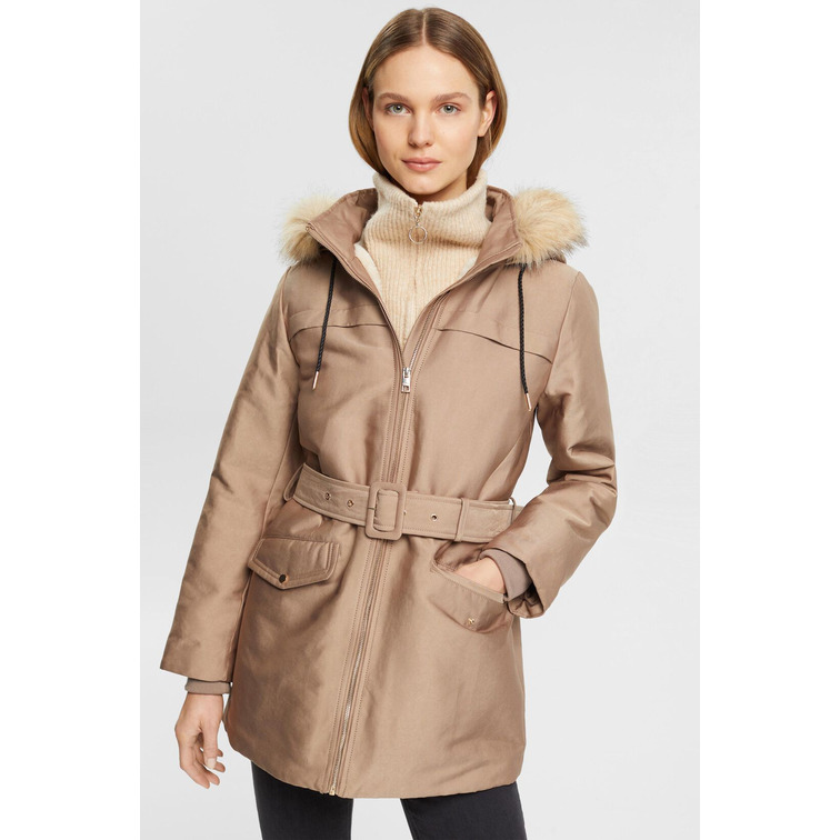 PARKA CON CAPUCHA DE PELO SINTÉTICO MUJER ESPRIT