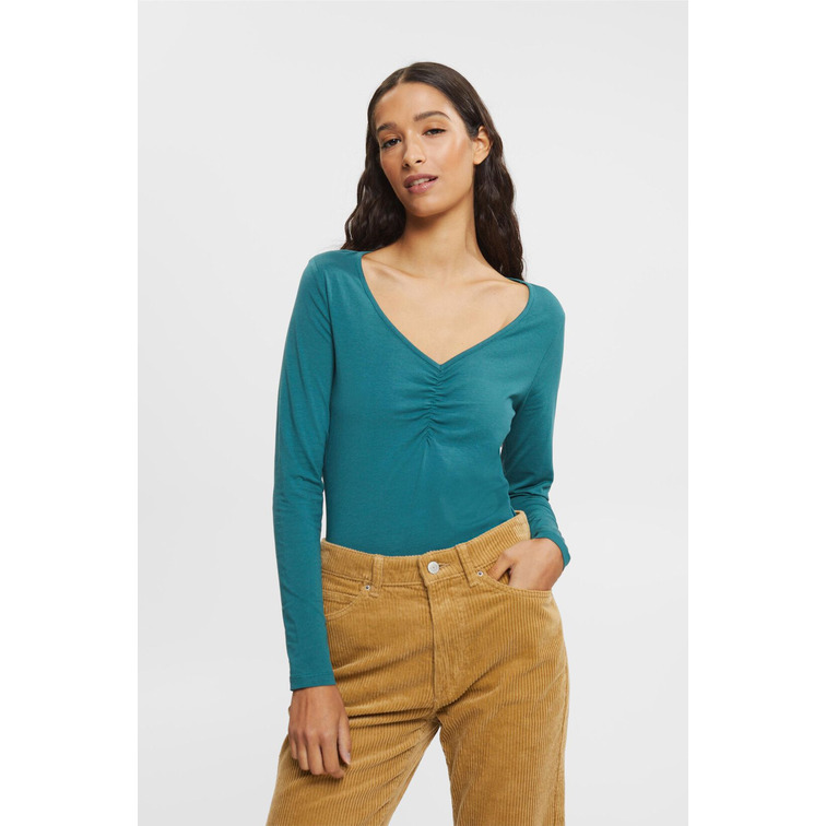 TOP DE MANGA LARGA CON CUELLO PICO Y FRUNCIDO MUJER ESPRIT