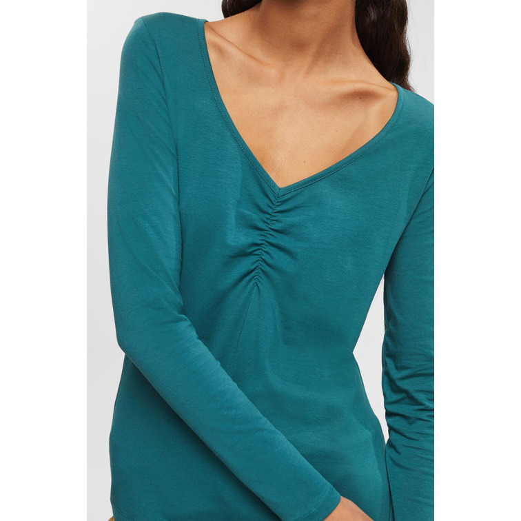 TOP DE MANGA LARGA CON CUELLO PICO Y FRUNCIDO MUJER ESPRIT
