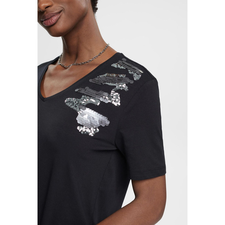 CAMISETA CON CUELLO PICO Y LENTEJUELAS MUJER ESPRIT