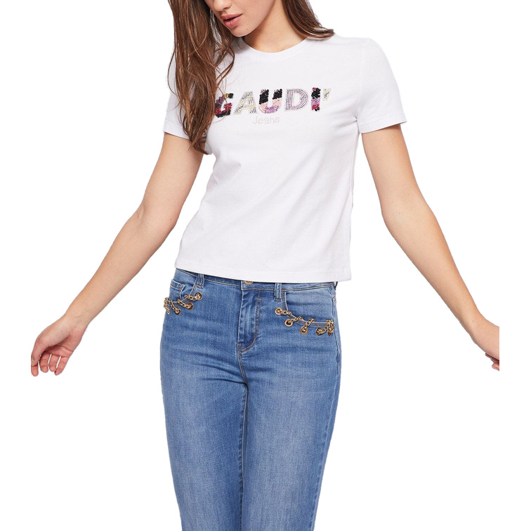 CAMISETA CORTA CON LOGO EN PEDRERÍA MUJER GAUDI