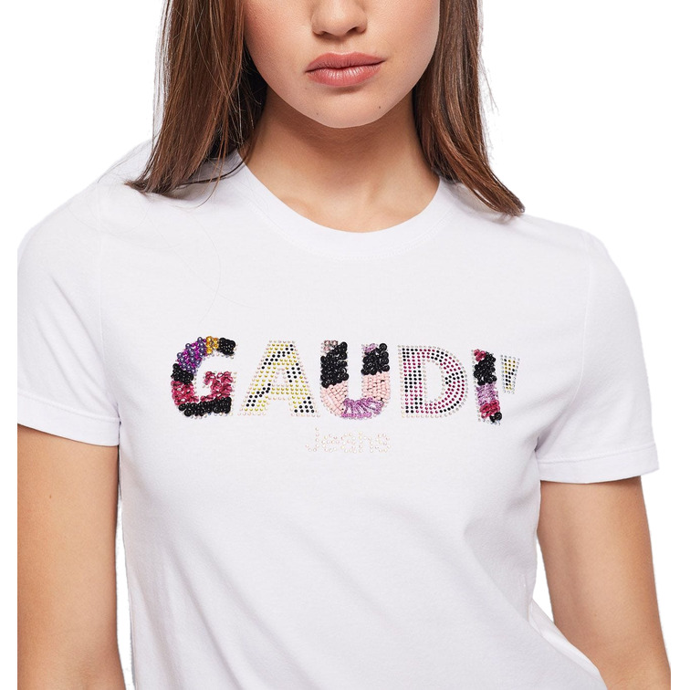 CAMISETA CORTA CON LOGO EN PEDRERÍA MUJER GAUDI