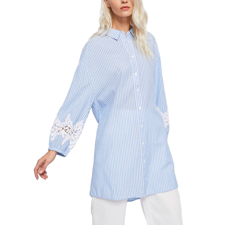 CAMISA LARGA A RAYAS CON ENCAJE MUJER GAUDI