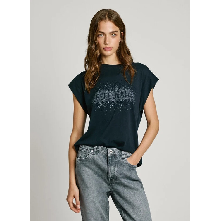 CAMISETA MUJER PEPE JEANS LOGO STRASS FIT BOXY